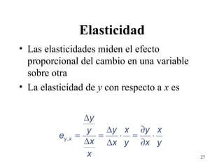 Elasticidad Las elasticidades miden el efecto proporcional del cambio en una variable sobre otra La elasticidad de  y  con respecto a  x  es 
