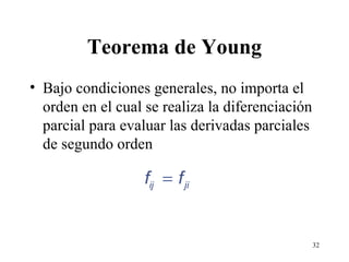 Teorema de Young Bajo condiciones generales, no importa el orden en el cual se realiza la diferenciación parcial para evaluar las derivadas parciales de segundo orden 
