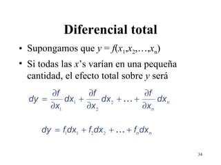 Diferencial total Supongamos que  y  =  f ( x 1 , x 2 ,…, x n ) Si todas las  x ’s varían en una pequeña cantidad, el efecto total sobre  y  será 