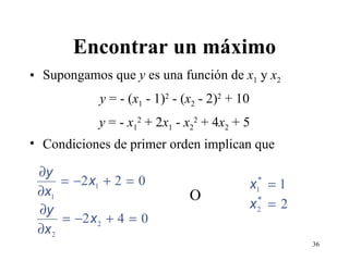 Encontrar un máximo Supongamos que  y  es una función de  x 1  y  x 2 y  = - ( x 1  - 1) 2  - ( x 2  - 2) 2  + 10 y  = -  x 1 2  + 2 x 1  -  x 2 2  + 4 x 2  + 5 Condiciones de primer orden implican que O 