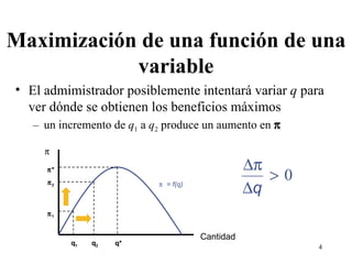 Maximización de una función de una variable El admimistrador posiblemente intentará variar  q  para ver dónde se obtienen los beneficios máximos un incremento de  q 1  a  q 2  produce un aumento en      = f(q)  Cantidad  * q*  1 q 1  2 q 2 