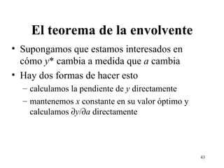 El teorema de la envolvente Supongamos que estamos interesados en cómo  y * cambia a medida que  a  cambia Hay dos formas de hacer esto calculamos la pendiente de  y  directamente mantenemos  x  constante en su valor óptimo y calculamos   y /  a  directamente 
