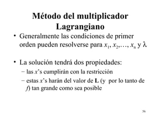 Método del multiplicador Lagrangiano Generalmente las condiciones de primer orden pueden resolverse para  x 1 ,  x 2 ,…,  x n  y   La solución tendrá dos propiedades: las  x ’s cumplirán con la restricción estas  x ’s harán del valor de  L  (y  por lo tanto de  f ) tan grande como sea posible 