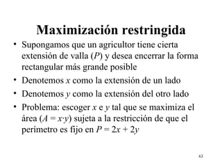 Maximización restringida Supongamos que un agricultor tiene cierta extensión de valla ( P ) y desea encerrar la forma rectangular más grande posible Denotemos  x  como la extensión de un lado Denotemos  y  como la extensión del otro lado Problema: escoger  x  e  y  tal que se maximiza el área ( A  =  x·y ) sujeta a la restricción de que el perímetro es fijo en  P  = 2 x  + 2 y 