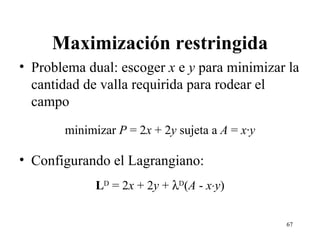 Maximización restringida Problema dual: escoger  x  e  y  para minimizar la cantidad de valla requirida para rodear el campo minimizar  P  = 2 x  + 2 y  sujeta a  A  =  x · y Configurando el Lagrangiano: L D  = 2 x  + 2 y  +   D ( A  -  x  y ) 