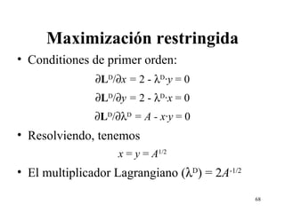Maximización restringida Conditiones de primer orden:  L D /  x =  2 -   D · y  = 0  L D /  y =  2 -   D · x  = 0  L D /  D  = A - x · y  = 0 Resolviendo, tenemos x  =  y  =  A 1/2 El multiplicador Lagrangiano (  D ) = 2 A -1/2 