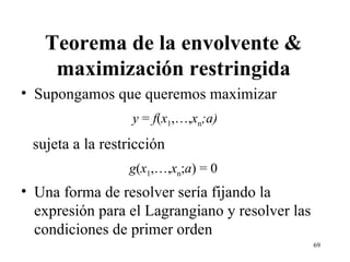 Teorema de la envolvente & maximización restringida Supongamos que queremos maximizar y  =  f ( x 1 ,…, x n ;a) sujeta a la restricción g ( x 1 ,…, x n ; a ) = 0  Una forma de resolver sería fijando la expresión para el Lagrangiano y resolver las condiciones de primer orden 