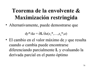 Teorema de la envolvente & Maximización restringida Alternativamente, puede demostrarse que d y */d a  =   L /  a ( x 1 *,…, x n *; a )   El cambio en el valor máximo de  y  que resulta cuando  a  cambia puede encontrarse diferenciando parcialmente  L  y evaluando la derivada parcial en el punto óptimo 