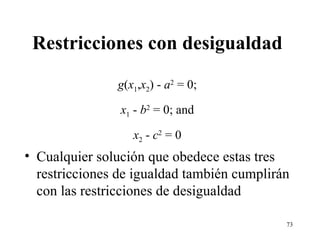 Restricciones con desigualdad g ( x 1 , x 2 ) -  a 2  = 0; x 1  -  b 2  = 0; and x 2  -  c 2  = 0 Cualquier solución que obedece estas tres restricciones de igualdad también cumplirán con las restricciones de desigualdad 