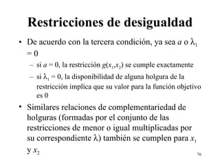 Restricciones de desigualdad De acuerdo con la tercera condición, ya sea  a  o   1  = 0 si  a  = 0, la restricción  g ( x 1 , x 2 ) se cumple exactamente si   1  = 0, la disponibilidad de alguna holgura de la restricción implica que su valor para la función objetivo es 0 Similares relaciones de complementariedad de holguras (formadas por el conjunto de las restricciones de menor o igual multiplicadas por su correspondiente   ) también se cumplen para  x 1  y  x 2 