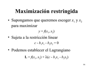 Maximización restringida Supongamos que queremos escoger  x 1  y  x 2  para maximizar y  =  f ( x 1 ,  x 2 ) Sujeta a la restricción linear c  -  b 1 x 1  -  b 2 x 2  = 0 Podemos establecer el Lagrangiano L  =  f ( x 1 ,  x 2 ) +   ( c  -  b 1 x 1  -  b 2 x 2 ) 