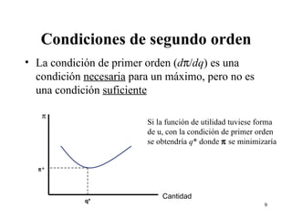 Condiciones de segundo orden La condición de primer orden ( d  / dq ) es una condición  necesaria  para un máximo, pero no es una condición  suficiente    Cantidad Si la función de utilidad tuviese forma de u, con la condición de primer orden se obtendría  q * donde    se minimizaría  * q* 