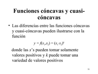 Funciones cóncavas y cuasi-cóncavas Las diferencias entre las funciones cóncavas y cuasi-cóncavas pueden ilustrarse con la función y = f ( x 1 , x 2 ) = ( x 1  x 2 ) k donde las  x ’s pueden tomar solamente valores positivos y  k  puede tomar una variedad de valores positivos 