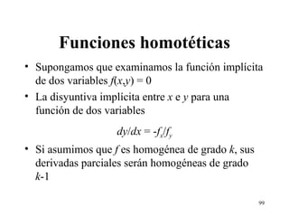 Funciones homotéticas Supongamos que examinamos la función implícita de dos variables  f ( x , y ) = 0 La disyuntiva implícita entre  x  e  y  para una función de dos variables dy / dx  = - f x / f y Si asumimos que  f  es homogénea de grado  k , sus derivadas parciales serán homogéneas de grado  k -1 