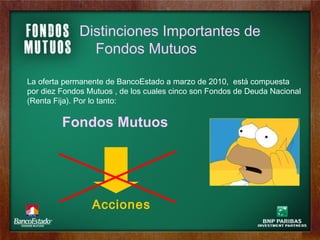 Fondos Mutuos Acciones Distinciones Importantes de  Fondos Mutuos  La oferta permanente de BancoEstado a marzo de 2010,  está compuesta por diez Fondos Mutuos , de los cuales cinco son Fondos de Deuda Nacional (Renta Fija). Por lo tanto:  