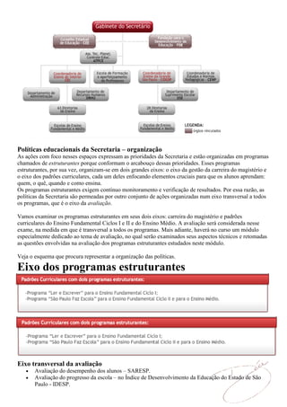 Políticas educacionais da Secretaria – organização
As ações com foco nesses espaços expressam as prioridades da Secretaria e estão organizadas em programas
chamados de estruturantes porque conformam o arcabouço dessas prioridades. Esses programas
estruturantes, por sua vez, organizam-se em dois grandes eixos: o eixo da gestão da carreira do magistério e
o eixo dos padrões curriculares, cada um deles enfocando elementos cruciais para que os alunos aprendam:
quem, o quê, quando e como ensina.
Os programas estruturantes exigem contínuo monitoramento e verificação de resultados. Por essa razão, as
políticas da Secretaria são permeadas por outro conjunto de ações organizadas num eixo transversal a todos
os programas, que é o eixo da avaliação.

Vamos examinar os programas estruturantes em seus dois eixos: carreira do magistério e padrões
curriculares do Ensino Fundamental Ciclos I e II e do Ensino Médio. A avaliação será considerada nesse
exame, na medida em que é transversal a todos os programas. Mais adiante, haverá no curso um módulo
especialmente dedicado ao tema de avaliação, no qual serão examinados seus aspectos técnicos e retomadas
as questões envolvidas na avaliação dos programas estruturantes estudados neste módulo.

Veja o esquema que procura representar a organização das políticas.

Eixo dos programas estruturantes




Eixo transversal da avaliação
       Avaliação do desempenho dos alunos – SARESP.
       Avaliação do progresso da escola – no Índice de Desenvolvimento da Educação do Estado de São
       Paulo - IDESP.
 