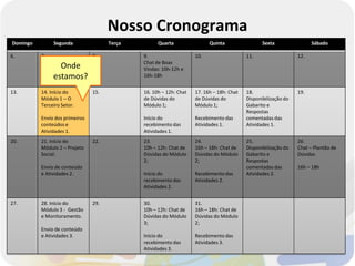 Nosso Cronograma
Domingo        Segunda                Terça         Quarta                Quinta                 Sexta                Sábado

6.        7.                    8.            9.                    10.                   11.                   12.
          Início da                           Chat de Boas
                 Onde
          Capacitação – Envio                 Vindas: 10h-12h e
               estamos?
          da Apresentação e                   16h-18h
          Guia do Estudante
13.       14. Início do         15.           16. 10h – 12h: Chat   17. 16h – 18h: Chat   18.                   19.
          Módulo 1 – O                        de Dúvidas do         de Dúvidas do         Disponibilização do
          Terceiro Setor.                     Módulo 1;             Módulo 1;             Gabarito e
                                                                                          Respostas
          Envio dos primeiros                 Início do             Recebimento das       comentadas das
          conteúdos e                         recebimento das       Atividades 1.         Atividades 1.
          Atividades 1.                       Atividades 1.
20.       21. Início do         22.           23.                   24.                   25.                   26.
          Módulo 2 – Projeto                  10h – 12h: Chat de    16h – 18h: Chat de    Disponibilização do   Chat – Plantão de
          Social.                             Dúvidas do Módulo     Dúvidas do Módulo     Gabarito e            Dúvidas
                                              2;                    2;                    Respostas
          Envio de conteúdo                                                               comentadas das        16h – 18h
          e Atividades 2.                     Início do             Recebimento das       Atividades 2.
                                              recebimento das       Atividades 2.
                                              Atividades 2.


27.       28. Início do         29.           30.                   31.
          Módulo 3 - Gestão                   10h – 12h: Chat de    16h – 18h: Chat de
          e Monitoramento.                    Dúvidas do Módulo     Dúvidas do Módulo
                                              3;                    2;
          Envio de conteúdo
          e Atividades 3.                     Início do             Recebimento das
                                              recebimento das       Atividades 3.
                                              Atividades 3.
 