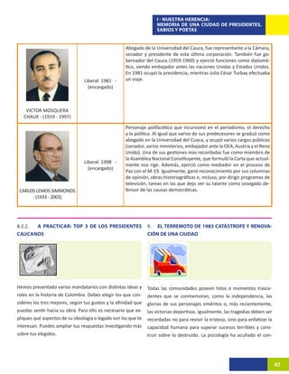 I - NUESTRA HERENCIA:
                                                                   MEMORIA DE UNA CIUDAD DE PRESIDENTES,
                                                                   SABIOS Y POETAS


                                                    Abogado de la Universidad del Cauca, fue representante a la Cámara,
                                                    senador y presidente de esta última corporación. También fue go-
                                                    bernador del Cauca (1959-1960) y ejerció funciones como diplomá-
                                                    tico, siendo embajador antes las naciones Unidas y Estados Unidos.
                                                    En 1981 ocupó la presidencia, mientras Julio César Turbay efectuaba
                                Liberal: 1981 -     un viaje.
                                  (encargado)



    VICTOR MOSQUERA
   CHAUX - (1919 - 1997)

                                                    Personaje polifacético que incursionó en el periodismo, el derecho
                                                    y la política. Al igual que varios de sus predecesores se graduó como
                                                    abogado en la Universidad del Cuaca, y ocupó varios cargos públicos
                                                    (senador, varios ministerios, embajador ante la OEA, Austria y el Reno
                                                    Unido). Una de sus gestiones más recordadas fue como miembro de
                                                    la Asamblea Nacional Constituyente, que formuló la Carta que actual-
                                Liberal: 1998 -
                                                    mente nos rige. Además, ejerció como mediador en el proceso de
                                  (encargado)
                                                    Paz con el M-19. Igualmente, ganó reconocimiento por sus columnas
                                                    de opinión, obras historiográficas e, incluso, por dirigir programas de
                                                    televisión, tareas en las que dejo ver su talante como sosegado de-
 CARLOS LEMOS SIMMONDS                              fensor de las causas democráticas.
      - (1933 - 2003)




8.2.2. A PRACTICAR: TOP 3 DE LOS PRESIDENTES                   9. EL TERREMOTO DE 1983 CATÁSTROFE Y RENOVA-
CAUCANOS                                                       CIÓN DE UNA CIUDAD




Hemos presentado varios mandatarios con distintas ideas y      Todas las comunidades poseen hitos o momentos trasce-
roles en la historia de Colombia. Debes elegir los que con-    dentes que se conmemoran, como la independencia, las
sideres los tres mejores, según tus gustos y la afinidad que   glorias de sus personajes eméritos o, más recientemente,
puedas sentir hacia su obra. Para ello es necesario que ex-    las victorias deportivas. Igualmente, las tragedias deben ser
pliques qué aspectos de su ideología o legado son los que te   recordadas no para revivir la tristeza, sino para enfatizar la
interesan. Puedes ampliar tus respuestas investigando más      capacidad humana para superar sucesos terribles y cons-
sobre tus elegidos.                                            truir sobre lo destruido. La psicología ha acuñado el con-




                                                                                                                                47
 