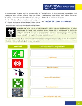 I - NUESTRA HERENCIA:
                                                                   MEMORIA DE UNA CIUDAD DE PRESIDENTES,
                                                                   SABIOS Y POETAS


los extremos de la pista de aterrizaje del aeropuerto de       ron destruidas. En otras poblaciones del Cauca los daños
Machángara (hoy Guillermo Valencia), junto con la torre        también fueron graves, como Cajibío, ente en el que cerca
de control fueron arruinados. Simultáneamente, la mayo-        del 75% de los inmuebles colapsaron.
ría de las viviendas de las entonces inspecciones de policía
                                                               9.2. VALORACIÓN. LA RUTA DE EVACUACIÓN
de Cajete y Julumito, pertenecientes a Popayán, resulta-

¿Sabes que por ley toda institución educativa está obligada

                    a plantear una ruta de evacuación? Averigua cuál es la de tu colegio, precisando cómo es su estado
                    (es adecuado, incipiente, faltan elementos, etc.), y quiénes son sus responsables. En caso de no
                    existir, con la ayuda de los profesores y coordinadores, realiza una comisión para generar un plan de
                    escape adecuado a los requerimientos del establecimiento.

 Los siguientes son varios de los procesos que deben tenerse en cuenta para una evacuación, describe si son considera-
 dos en tu institución educativa junto con sus encargados.


               PROCESO                                     Cuál es su situación/responsables




                                                                          Señalización




                                                                       Medios de Alarma




                                                                   Responsables del proceso




                                                                      Punto de encuentro




                                                                  Riesgos latentes en la zona



                                                                                                                            49
 