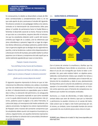 I - NUESTRA HERENCIA:
         MEMORIA DE UNA CIUDAD DE PRESIDENTES,
         SABIOS Y POETAS


    En consecuencia, la cátedra se desarrollará a través de Mó-       1.1.    GUÍAS PARA EL APRENDIZAJE	
    dulos correlacionados y complementarios entre sí, en los
                                                                       IDENTIDAD                                           ÉTICA Y VALORES
    que cada aparte da pie y promueve el estudio del siguiente.
    Tal esfuerzo consiste en una pedagogía relativa a los valores,
    centrada en la interiorización de conocimientos útiles para                                     MÓDULO 1
                                                                                                 NUESTRA HERENCIA
    allanar el sentido de pertenencia hacia la Ciudad Blanca y
    fomentar el desarrollo social de la misma. Precisar la forma
    en que esto va a concretarse, requiere describir el entusias-
    mo que los estudiantes deberán sentir a partir del recono-                                      LA JUVENTUD
                                                                           MÓDULO 4                                            MÓDULO 2
                                                                                                      EJEP ARA
    cimiento que hagan de su ciudad, y de las referencias que          BIENESTAR Y GESTIÓN
                                                                                                   EL DESARROLLO
                                                                                                                             SUPERANDO LAS
                                                                           AMBIENTAL                                          DIFERENCIAS
    otros colombianos o paisanos hagan de su lugar de origen.                                        DE POPAYÁN

    Con dichas referencias y el trabajo autónomo, podrán interio-
    rizar un genuino orgullo que se desligue de los regionalismos
    pueriles, o de las tendencias a valorar otros departamentos o
    culturas por encima de la propia, para poder exaltar la cultura
                                                                                                     MÓDULO 3
    payanesa con el decoro y compromiso de todo aquél que se                                         CIVISMO Y
                                                                                                     MOVILIDAD
    siente realmente agradecido por nacer en esta tierra:
                                                                      CALIDAD DE VIDA                                         CONVIVENCIA
                    Popayán. Cúpulas renacientes.

            Torre del Reloj, Ermita, Puente del Humilladero.          Con el ánimo de orientar la enseñanza y facilitar que los
                                                                      alumnos identifiquen hacia dónde se encaminan, se esta-
      Popayán. Hitos gloriosos del Palacé, de Calibío y la Ladera.    blece el uso de una iconografía que ilustra la labor a em-
      ¿Quién que no conozca a Popayán no desearía conocerla?          prender. Así, para cada módulo habrá: un objetivo prees-
                                                                      tablecido; eventualmente relatos que amplíen los temas y
               ¿Quién que la conozca dejaría de amarla?               den lugar a la discusión; actividades para el desarrollo au-
                                                                      tónomo de los estudiantes y, dado el caso, planteamiento
    El siguiente esquema representa la forma en que se inte-
                                                                      de disyuntivas para la solución de problemas comunes que
    rrelacionan los diferentes módulos y las salidas o resultados
                                                                      aquejan a la comunidad. Sumado a este aspecto, se inclui-
    que han de evidenciarse tras finalizar la ruta aquí trazada,
                                                                      rán cortos ejercicios para el fomento de competencias ciu-
    es decir, el robustecimiento en capacidades para la identi-
                                                                      dadanas que resalten los conceptos analizados.
    dad, la ética, la valoración del patrimonio y la salvaguarda
    del entorno. La respuesta esperada es que como sociedad           Asimismo, y a modo de efemérides, el Sabio Caldas pre-
    y con la ayuda determinante de las generaciones más jó-           sentará datos que sean de interés y que por su intención
    venes, podamos pasar la página a los odios fratricidas, la        o pertinencia no pueden incluirse en el cuerpo del texto.
    cultura del atajo y el menosprecio del medio ambiente y los       Cabe aclarar que se eligió a este ilustre personaje por ser,
    saberes ancestrales. Se eligieron los colores representativos     él mismo, un símbolo, como incansable hombre de ciencia
    de Popayán como muestra del constante compromiso que              y poseedor de una erudición pocas veces vista en el país.
    los estudiantes deben asumir con respecto al municipio y su
    cultura, singularmente, con aquellos elementos representa-
    tivos que facilitan la cohesión de la comunidad y fortalecen
                                                                      VEJARANO, Jaime. Alabanza de mi ciudad. En: http://www.rtspecialties.com/
    el sentido de pertenencia.                                        tobar/viaje5.html

6
 