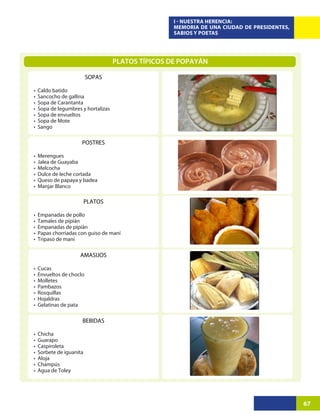 I - NUESTRA HERENCIA:
                                                     MEMORIA DE UNA CIUDAD DE PRESIDENTES,
                                                     SABIOS Y POETAS




                                     PLATOS TÍPICOS DE POPAYÁN

                          SOPAS

•   Caldo batido
•   Sancocho de gallina
•   Sopa de Carantanta
•   Sopa de legumbres y hortalizas
•   Sopa de envueltos
•   Sopa de Mote
•   Sango

                      POSTRES

•   Merengues
•   Jalea de Guayaba
•   Melcocha
•   Dulce de leche cortada
•   Queso de papaya y badea
•   Manjar Blanco

                          PLATOS

•   Empanadas de pollo
•   Tamales de pipián
•   Empanadas de pipián
•   Papas chorriadas con guiso de maní
•   Tripaso de maní

                     AMASIJOS

•   Cucas
•   Envueltos de choclo
•   Molletes
•   Pambazos
•   Rosquillas
•   Hojaldras
•   Gelatinas de pata

                      BEBIDAS

•   Chicha
•   Guarapo
•   Caspiroleta
•   Sorbete de iguanita
•   Aloja
•   Champús
•   Agua de Toley




                                                                                             67
 