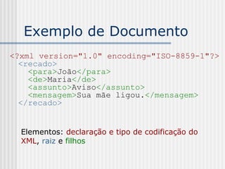 Exemplo de Documento
<?xml version="1.0" encoding="ISO-8859-1"?>
<recado>
  <para>João</para>
  <de>Maria</de>
  <assunto>Aviso</assunto>
  <mensagem>Sua mãe ligou.</mensagem>
</recado>
Elementos: declaração e tipo de codificação do
XML, raiz e filhos
 