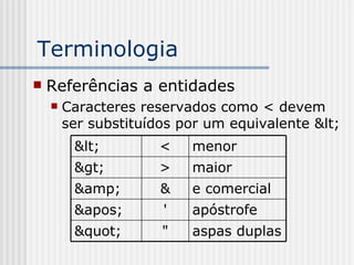 Terminologia
 Referências a entidades
 Caracteres reservados como < devem
ser substituídos por um equivalente <
aspas duplas""
apóstrofe''
e comercial&&amp;
maior>>
menor<<
 