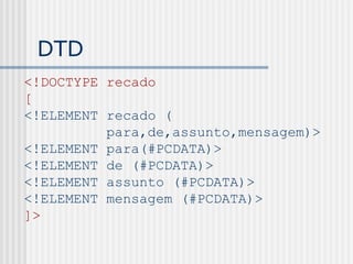 DTD
<!DOCTYPE recado
[
<!ELEMENT recado (
para,de,assunto,mensagem)>
<!ELEMENT para(#PCDATA)>
<!ELEMENT de (#PCDATA)>
<!ELEMENT assunto (#PCDATA)>
<!ELEMENT mensagem (#PCDATA)>
]>
 