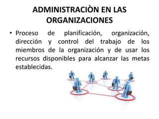 ADMINISTRACIÒN EN LAS
ORGANIZACIONES
• Proceso de planificación, organización,
dirección y control del trabajo de los
miembros de la organización y de usar los
recursos disponibles para alcanzar las metas
establecidas.
 