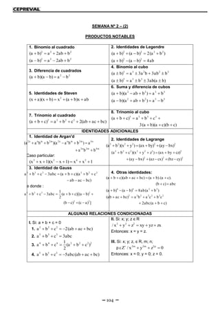 104
SEMANA Nº 2 – (2)
PRODUCTOS NOTABLES
1. Binomio al cuadrado
2 2 2
(a b) a 2ab b   
2 2 2
(a b) a 2ab b   
2. Identidades de Legendre
2 2 2 2
2 2
(a b) (a b) 2(a b )
(a b) (a b) 4ab
    
   
3. Diferencia de cuadrados
2 2
(a b)(a b) a b   
4. Binomio al cubo
3 3 2 2 3
3 3 3
(a b) a 3a b 3ab b
(a b) a b 3ab(a b)
    
    
5. Identidades de Steven
2
(x a)(x b) x (a b)x ab     
6. Suma y diferencia de cubos
2 2 3 3
2 2 3 3
(a b)(a ab b ) a b
(a b)(a ab b ) a b
    
    
7. Trinomio al cuadrado
2 2 2 2
(a b c) a b c 2(ab ac bc)       
8. Trinomio al cubo
3 3 3 3
(a b c) a b c
3(a b)(a c)(b c)
     
  
IDENTIDADES ADICIONALES
1. Identidad de Argan'd
2n n m 2m 2n n m 2m 4n
2n 2m 4m
(a a b b )(a a b b ) a
a b b
    
 
* Caso particular:
2 2 4 2
(x x 1)(x x 1) x x 1      
2. Identidades de Lagrange
2 2 2 2 2 2
(a b )(x y ) (ax by) (ay bx)     
2 2 2 2 2 2 2
2 2 2
(a b c )(x y z ) (ax by cz)
(ay bx) (az cx) (bz cy)
      
     
3. Identidad de Gauss
3 3 3 2 2 2
a b c 3abc (a b c)(a b c
ab ac bc)
       
  
De donde :
3 3 3 2
2 2
1
a b c 3abc (a b c)[(a b)
2
(b c) (c a) ]
       
  
4. Otras identidades:
4 4 2 2
2 2 2 2 2 2 2
(a b c)(ab ac bc) (a b).(a c).
(b c) abc
(a b) (a b) 8ab(a b )
(ab ac bc) a b a c b c
2abc(a b c)
      
 
    
    
  
ALGUNAS RELACIONES CONDICIONADAS
I. Si: a + b + c = 0
1. 2 2 2
a b c 2(ab ac bc)     
2.
3 3 3
a b c 3abc  
3.
4 4 4 2 2 2 21
a b c (a b c )
2
    
4. 5 5 5
a b c 5abc(ab ac bc)     
II. Si: x; y; z є R
2 2 2
/ x y z xy yz zx    
Entonces: x = y = z.
III. Si: x; y; z, є R, m; n;
p 2m 2m 2p
Z / x y z 0
   
Entonces: x = 0; y = 0; z = 0.
 