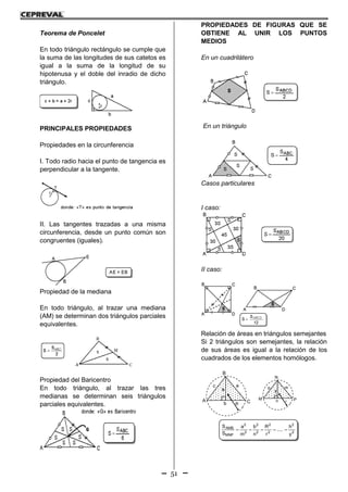 51
Teorema de Poncelet
En todo triángulo rectángulo se cumple que
la suma de las longitudes de sus catetos es
igual a la suma de la longitud de su
hipotenusa y el doble del inradio de dicho
triángulo.
PRINCIPALES PROPIEDADES
Propiedades en la circunferencia
I. Todo radio hacia el punto de tangencia es
perpendicular a la tangente.
II. Las tangentes trazadas a una misma
circunferencia, desde un punto común son
congruentes (iguales).
Propiedad de la mediana
En todo triángulo, al trazar una mediana
(AM) se determinan dos triángulos parciales
equivalentes.
Propiedad del Baricentro
En todo triángulo, al trazar las tres
medianas se determinan seis triángulos
parciales equivalentes.
PROPIEDADES DE FIGURAS QUE SE
OBTIENE AL UNIR LOS PUNTOS
MEDIOS
En un cuadrilátero
En un triángulo
Casos particulares
I caso:
II caso:
Relación de áreas en triángulos semejantes
Si 2 triángulos son semejantes, la relación
de sus áreas es igual a la relación de los
cuadrados de los elementos homólogos.
2
2
2
2
2
2
2
2
MNP
AMB
y
h
.....
r
R
n
b
m
a
S
S

R
c a
b
h
CA
B
r
p m
n
y
PM
N
 