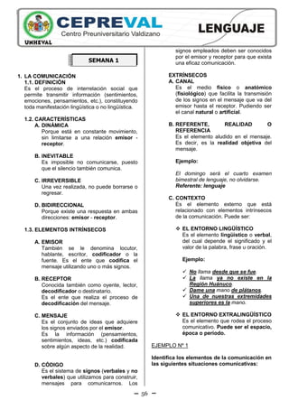 56
1. LA COMUNICACIÓN
1.1. DEFINICIÓN
Es el proceso de interrelación social que
permite transmitir información (sentimientos,
emociones, pensamientos, etc.), constituyendo
toda manifestación lingüística o no lingüística.
1.2. CARACTERÍSTICAS
A. DINÁMICA
Porque está en constante movimiento,
sin limitarse a una relación emisor -
receptor.
B. INEVITABLE
Es imposible no comunicarse, puesto
que el silencio también comunica.
C. IRREVERSIBLE
Una vez realizada, no puede borrarse o
regresar.
D. BIDIRECCIONAL
Porque existe una respuesta en ambas
direcciones: emisor - receptor.
1.3. ELEMENTOS INTRÍNSECOS
A. EMISOR
También se le denomina locutor,
hablante, escritor, codificador o la
fuente. Es el ente que codifica el
mensaje utilizando uno o más signos.
B. RECEPTOR
Conocida también como oyente, lector,
decodificador o destinatario.
Es el ente que realiza el proceso de
decodificación del mensaje.
C. MENSAJE
Es el conjunto de ideas que adquiere
los signos enviados por el emisor.
Es la información (pensamientos,
sentimientos, ideas, etc.) codificada
sobre algún aspecto de la realidad.
D. CÓDIGO
Es el sistema de signos (verbales y no
verbales) que utilizamos para construir,
mensajes para comunicarnos. Los
signos empleados deben ser conocidos
por el emisor y receptor para que exista
una eficaz comunicación.
EXTRÍNSECOS
A. CANAL
Es el medio físico o anatómico
(fisiológico) que facilita la transmisión
de los signos en el mensaje que va del
emisor hasta el receptor. Pudiendo ser
el canal natural o artificial.
B. REFERENTE, REALIDAD O
REFERENCIA
Es el elemento aludido en el mensaje.
Es decir, es la realidad objetiva del
mensaje.
Ejemplo:
El domingo será el cuarto examen
bimestral de lenguaje, no olvidarse.
Referente: lenguaje
C. CONTEXTO
Es el elemento externo que está
relacionado con elementos intrínsecos
de la comunicación. Puede ser:
 EL ENTORNO LINGÜÍSTICO
Es el elemento lingüístico o verbal,
del cual depende el significado y el
valor de la palabra, frase u oración.
Ejemplo:
 No llama desde que se fue.
 La llama ya no existe en la
Región Huánuco.
 Dame una mano de plátanos.
 Una de nuestras extremidades
superiores es la mano.
 EL ENTORNO EXTRALINGÜÍSTICO
Es el elemento que rodea el proceso
comunicativo. Puede ser el espacio,
época o período.
EJEMPLO Nº 1
Identifica los elementos de la comunicación en
las siguientes situaciones comunicativas:
SEMANA 1
 