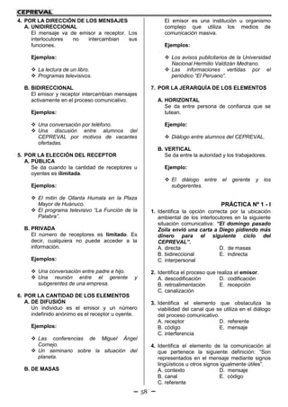 58
4. POR LA DIRECCIÓN DE LOS MENSAJES
A. UNIDIRECCIONAL
El mensaje va de emisor a receptor. Los
interlocutores no intercambian sus
funciones.
Ejemplos:
 La lectura de un libro.
 Programas televisivos.
B. BIDIRECCIONAL
El emisor y receptor intercambian mensajes
activamente en el proceso comunicativo.
Ejemplos:
 Una conversación por teléfono.
 Una discusión entre alumnos del
CEPREVAL por motivos de vacantes
ofertadas.
5. POR LA ELECCIÓN DEL RECEPTOR
A. PÚBLICA
Se da cuando la cantidad de receptores u
oyentes es ilimitada.
Ejemplos:
 El mitin de Ollanta Humala en la Plaza
Mayor de Huánuco.
 El programa televisivo “La Función de la
Palabra”.
B. PRIVADA
El número de receptores es limitado. Es
decir, cualquiera no puede acceder a la
información.
Ejemplos:
 Una conversación entre padre e hijo.
 Una reunión entre el gerente y
subgerentes de una empresa.
6. POR LA CANTIDAD DE LOS ELEMENTOS
A. DE DIFUSIÓN
Un individuo es el emisor y un número
indefinido anónimo es el receptor u oyente.
Ejemplos:
 Las conferencias de Miguel Ángel
Cornejo.
 Un seminario sobre la situación del
planeta.
B. DE MASAS
El emisor es una institución u organismo
complejo que utiliza los medios de
comunicación masiva.
Ejemplos:
 Los avisos publicitarios de la Universidad
Nacional Hermilio Valdizán Medrano.
 Las informaciones vertidas por el
periódico “El Peruano”.
7. POR LA JERARQUÍA DE LOS ELEMENTOS
A. HORIZONTAL
Se da entre persona de confianza que se
tutean.
Ejemplo:
 Diálogo entre alumnos del CEPREVAL.
B. VERTICAL
Se da entre la autoridad y los trabajadores.
Ejemplo:
 El diálogo entre el gerente y los
subgerentes.
PRÁCTICA Nº 1 - I
1. Identifica la opción correcta por la ubicación
ambiental de los interlocutores en la siguiente
situación comunicativa: “El domingo pasado
Zoila envió una carta a Diego pidiendo más
dinero para el siguiente ciclo del
CEPREVAL”.
A. directa D. de masas
B. bidireccional E. indirecta
C. interpersonal
2. Identifica el proceso que realiza el emisor.
A. descodificación D. codificación
B. retroalimentación E. recepción
C. canalización
3. Identifica el elemento que obstaculiza la
viabilidad del canal que se utiliza en el diálogo
del proceso comunicativo.
A. receptor D. referente
B. código E. mensaje
C. interferencia
4. Identifica el elemento de la comunicación al
que pertenece la siguiente definición: “Son
representados en el mensaje mediante signos
lingüísticos u otros signos igualmente útiles”.
A. contexto D. mensaje
B. canal E. código
C. referente
 