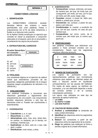 6
CONECTORES LÓGICOS
I. SIGNIFICACIÓN
Los CONECTORES LÓGICOS, también
llamados ilativos, son enlaces o nexos
gramaticales que unen palabras, frases o
proposiciones con el fin de darle coherencia y
fluidez a un discurso oral o escrito.
En la Aptitud Verbal constituyen un ejercicio que
consiste en ubicar la preposición o conjunción
adecuada en el espacio vacío de un enunciado y
considerando los signos de puntuación.
II. ESTRUCTURA DEL EJERCICIO
El señor García llora
sin consuelo…………
perdió el torneo.
A) así
B) por que
C) mas
D) porque
E) como
III. TIPOLOGÍA
Los conectores lógicos en el ejercicio de aptitud
verbal que extendemos proceden de las
siguientes categorías gramaticales de la lengua
española (según propedéutica de admisión a la
UNHEVAL).
A. CONJUNCIONES
Son palabras invariables o locuciones que
relacionan gramatical y lógicamente dos
proposiciones de una oración. Las conjunciones
también relacionan términos u otro tipo de
elementos entre sí. Pueden ser coordinantes o
subordinantes.
COORDINANTES
 Copulativas: y, e, ni, que.
 Disyuntivas: o, u, bien.
 Adversativas: pero, mas, sino, antes bien,
en cambio, no obstante, por lo demás, sin
embargo, mientras que.
 Explicativas: es decir, esto es, o sea, vale
decir, a saber.
 Distributivas: unas veces, y otras.
SUBORDINANTES
 Consecutivas: conque, entonces, así pues,
de manera que, así que, de modo que, por
consiguiente, por ende, por eso, por lo que,
por tanto, por ello, pues, luego, ergo.
 Causales: porque, a causa de, dado que,
debido a, puesto que, ya que.
 Concesivas: así, aunque, a pesar de que,
pese a, por más que.
 Condicionales: si, cuando, a condición de
que, con tal que, cuando, en caso de que,
siempre que.
 Comparativas: así como, como, de la
manera que, del modo que, lo mismo que,
igual que.
B. PREPOSICIONES
Son palabras invariables que relacionan una
palabra o frase principal (núcleo) con su
complemento. Hacen que los segmentos
adquieran diferente jerarquía.
C. SIGNOS DE PUNTUACIÓN
Los signos de puntuación son las
representaciones gráficas que normalmente
utilizamos para separar las distintas partes del
texto o discurso escrito en equilibrada
correspondencia con las pausas del hablante.
Por medio de estos signos, se clarifican los
conceptos, y su uso adecuado depende a veces
del correcto sentido o de la correcta
interpretación semántica.
Los signos más utilizados en este tipo de
ejercicios de aptitud verbal son:
 LA COMA
 EL PUNTO Y COMA
 LOS DOS PUNTOS
IV. PAUTAS DE RESOLUCIÓN
1. Analizar y contextualizar el contenido de
cada unidad informativa.
2. Identificar las relaciones entre los segmentos
de la oración.
3. Deducir los conectores a partir de las
relaciones entre los segmentos de la oración.
4. Elegir las palabras que restituyan la forma y
sentido original de la unidad informativa.
a ante bajo con
contra de desde en
entre hacia hasta para
por según sin sobre
SEMANA 2
ENUNCIADO
ALTERNATIVAS
 