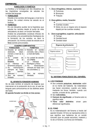 65
FONOLOGÍA Y FONÉTICA
La fonética y la fonología son dos disciplinas de
las lingüísticas encargadas de estudiar los
sonidos del lenguaje.
1. FONOLOGÍA
Estudia a los sonidos del lenguaje a nivel de la
lengua. Su unidad mínima de estudio es el
fonema.
2. FONÉTICA
Es una disciplina auxiliar de la lingüística que
estudia los sonidos desde el punto de vista
articulatorio; es decir, en función del habla.
Analiza las propiedades acústicas (físicas) de
los sonidos y los procedimientos fisiológicos de
la formación de los sonidos: es decir la
articulación. Su mínima unidad de estudio es el
fono (sonido pronunciado).
EL APARATO FONADOR HUMANO
Se da este nombre al conjunto de órganos que
intervienen en la producción de la voz, al usar las
lenguas para comunicarnos en los distintos actos
del habla.
El aparato fonador se divide en tres zonas:
1. Zona infraglótica, inferior, espiración
 Pulmones
 Bronquios
 Tráquea
2. Zona glótica, media, fonación
 ___________________
 Cuerdas vocales
 Glotis (no es un órgano sino el espacio
dejado por las cuerdas vocales)
3. Zona supraglótica, superior, articulación
 Faringe
 Cavidad bucal
 Cavidad nasal
EL SISTEMA FONOLÓGICO DEL ESPAÑOL
A. LOS FONEMAS
 Son unidades psíquicas, abstractas: están
en la mente del hablante. Se materializan
(se hacen concretos), cuando uno habla,
mediante los fonos; también, cuando uno
escribe, a través de los grafemas.
 Son indivisibles.
 Carecen de significado: un fonema solo no
significa nada.
 Tiene valor distintivo: sirven para
diferenciar significados.
B. EL FONO
Es la materialización del fonema a través del
aparato fonador. El fono se representa entre [ ]
que significa que hablamos de un sonido
concreto (que se puede escuchar), material y
no de un fonema. Los fonos son ilimitados.
CUADRO COMPARATIVO
FONOLOGÍA FONÉTICA
 Estudia el sonido
abstracto, ideal,
mental a nivel de la
lengua.
 Su unidad de
estudio es el
fonema.
 Le interesa el
fenómeno psíquico.
 Su transcripción
siempre se hace
con barritas
oblicuas / /.
 Son de número
limitado.
 Estudia el sonido
concreto, real, y físico
a nivel del habla.
 Su unidad de estudio
es el fono.
 Le interesa lo
fisiológico y físico.
 Su transcripción
siempre se hace con
los corchetes [ ].
 Son de número
ilimitado.
Órganos de articulación
Órganos activos Órganos inactivos
Lengua:
………………
……………………
…………
………………
____________
____________
.
Los incisivos
___________
___________
___________
 