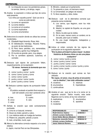 90
E. La chaqueta es azul, los pantalones grises,
la camisa, blanca, y el abrigo, negro.
13. Analiza la expresión e indica qué tipo de coma
está presente.
“Los niños por aquella puerta”. Qué uso de la
coma se está dando:
A. La coma en aposición
B. La coma elíptica
C. La coma en el vocativo
D. La coma explicativa
E. La coma enumerativa
14. Selecciona la oración donde se utiliza las comas
incidentales.
A. Elizabeth llegó llorando; Rosa, feliz.
B. El bibliotecario mendigo, Ricardo Palma,
es autor de las tradiciones.
C. El Perú tiene petróleo, oro, esmeraldas,
diamantes y gente muy inteligente.
D. El mundo es grande; pero, muy alegre.
E. Por la carretera apareció, sudoroso, el
corredor.
15. Deduzca qué signos de puntuación faltan,
respectivamente, en la expresión:
“Si vieras hermano la tormenta que nos
agarró”
A. coma / punto y coma / punto
B. coma / coma / punto y coma
C. coma / coma / punto
D. punto y coma / coma / punto
E. punto / punto y coma / coma
16. Deduzca cuántos signos de puntuación faltan
en:
“El público acabado el partido final empezó a
salir del estadio unos iban cantando otros
llorando”
A. tres D. cuatro
B. cinco E. seis
C. siete
17. Señala la oración que está correctamente
puntuada.
A. Lima es un basural, inmenso.
B. Oscar es chato; panzón y calvo.
C. Los médicos están en huelga de hambre.
D. Platero es, pequeño, peludo y suave.
E. Iván, el terrible, murió, ayer.
18. Marca la alternativa correcta respecto a la coma
elíptica.
A. Japón, rival de Perú en las Olimpiadas.
B. Ministro, vetado por el parlamento.
C. Te presento a Juan, mi hermano mayor.
D. La Universidad, en peligro de receso.
E. Yo llevo zapatos y, ellos, botas.
19. Deduce cuál es la alternativa correcta que
presenta coma incidental:
A. Los carros, que llegaron, eran los más
veloces.
B. Madrid, la capital de España, es una gran
ciudad.
C. María, te pido que la visites.
D. En la casa, manso como un cordero; en la
escuela, peor que un diablo.
E. Es una mujer inteligente, trabajadora y
responsable.
20. Indica el orden correcto de los signos de
puntuación en la siguiente expresión:
“Era la plaza principal la plaza mayor la plaza
histórica de Buenos Aires no era una plaza
cualquiera”
A. coma / coma / punto y coma
B. coma / punto y coma / coma
C. punto y coma / coma / coma
D. punto y coma / punto y coma / punto y coma
E. coma / coma / punto
21. Deduce en la oración qué comas se han
utilizado.
“No vayas, mi amor, muy de prisa al encuentro
con tu destino”, han sido utilizadas comas“
A. vocativos D. elípticas
B. enumerativa E. hiperbáticas
C. continuativas
22. Analiza el uso que se le da a la coma en la
siguiente oración: “Señor muerto, esta tarde
llegamos con tu venia; al rey nos volvemos”.
A. explicativas D. enumerativa
B. vocativo E. apositiva
C. incidental
RESPONSABLES: TEMARIO
Rodil Alminco Sabino
Arlindo Luciano Guillermo
SEMANA I
Annie Hellen Moreno Modesto SEMANA II
Nehemìas Jaramillo Falcón
Arlindo Luciano Guillermo
SEMANA III
Jesús Valencia Romero SEMANA IV
 