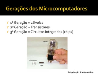 Introdução à Informática
 1ª Geração = válvulas
 2ª Geração =Transistores
 3ª Geração = Circuitos Integrados (chips)
 