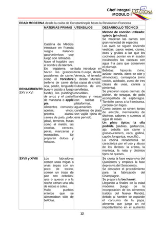 Chef Integral
MODULO I
EDAD MODERNA desde la caída de Constantinopla hasta la Revolución Francesa
RENACIMIENTO
SXV y XVI
MATERIAS PRIMAS UTENSILIOS DESARROLLO TÉCNICO
Catalina de Médicis
introduce en Francia
rasgos italianos
gastronómicos que
luego son refinados.
Nace el hojaldre con
el nombre de torroni.
En Inglaterra se
hacen los grandes
pastelones de carne,
como el Yorkshire
(relleno de carne de
oca, perdiz, lenguade
buey y cocido a fuego
fuerte), los puddings
de arroz y el pastel
de manzana o apple
pie.
Alimentos comunes:
aceites, vinos,
porotos alubia,
carnes de pato, pollo,
jabalí, terneros, frutas
como el melón, las
ciruelas, cerezas,
peras, manzanas y
membrillos. Se
preparan dulces y
helados.
Italia introduce en
toda Europa, desde
Venecia, el tenedor
y, desde Murano,
las copas de cristal.
Cubiertos de oro,
servilletas,
escudillas,
bandejas y mesas
con ruedas y
plataformas,
aguamaniles y
candeleros de plata
son vajilla típica de
este período.
Método de cocción utilizado:
spiedo (pinchos).
Se maceran las carnes con
gran variedad de especias
Las aves se siguen sirviendo
vestidas: pavos reales, cisnes,
ocas y grullas a las que los
cocineros ponían en el asador
rociándoles las cabezas con
agua fría para que conserven
el plumaje.
Bebidas: hipocrás (vino,
azúcar, canela, clavo de olor y
almendras), carraspada (vino
cocido, adobado, zumo de tres
clases de uvas, canela y
pimienta).
Se preparan sopas cremas: de
pichón, de tortugas, de pollo
acompañada de espárragos.
También pavos a la frambuesa,
cordero con higos.
Como postres se sirven: tortas
de amizcle, mermeladas de
distintos sabores y cuernos al
agua de rosas.
Un plato típico: la olla
podrida (alubias, garbanzos,
ajo, cebolla con carne y
grasas–carnero, vaca, gallina,
capón, longaniza, morcilla) .
La cocina renacentista se
caracteriza por el uso y abuso
de los lácteos: la crema, la
manteca, la nata y distintos
tipos de quesos.
SXVII y XIVIII Los labradores
comen unas migas o
unas sopas con un
poco de tocino,
comen un trozo de
pan con cebollas,
ajos o quesos y a la
noche cenan una olla
de nabos o coles.
Hubo pueblos
enteros que se
alimentaban sólo de
bellotas.
Se cierra la fase expansiva del
Quinientos y empieza la fase
depresiva del Seiscientos.
Se descubre el procedimiento
para la fabricación del
Champagne.
Se prepara la bechamel.
Llegando a finales de la edad
moderna (luego de la
incorporación de los alimentos
traídos del Nuevo Mundo),
debido al hambre se expande
el consumo de la papa,
alimento que juega un rol
importantísimo en el aumento
12
 