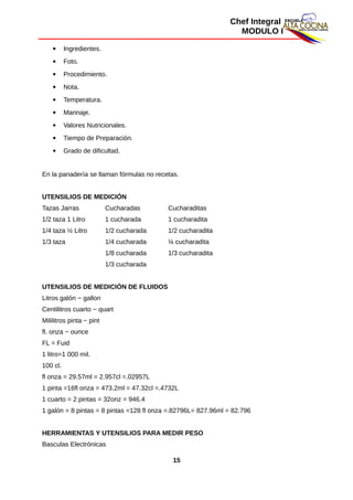 Chef Integral
MODULO I
 Ingredientes.
 Foto.
 Procedimiento.
 Nota.
 Temperatura.
 Marinaje.
 Valores Nutricionales.
 Tiempo de Preparación.
 Grado de dificultad.
En la panadería se llaman fórmulas no recetas.
UTENSILIOS DE MEDICIÓN
Tazas Jarras Cucharadas Cucharaditas
1/2 taza 1 Litro 1 cucharada 1 cucharadita
1/4 taza ½ Litro 1/2 cucharada 1/2 cucharadita
1/3 taza 1/4 cucharada ¼ cucharadita
1/8 cucharada 1/3 cucharadita
1/3 cucharada
UTENSILIOS DE MEDICIÓN DE FLUIDOS
Litros galón − gallon
Centilitros cuarto − quart
Mililitros pinta − pint
fl. onza − ounce
FL = Fuid
1 litro=1 000 mil.
100 cl.
fl onza = 29.57ml = 2.957cl =.02957L
1 pinta =16fl onza = 473.2ml = 47.32cl =.4732L
1 cuarto = 2 pintas = 32onz = 946.4
1 galón = 8 pintas = 8 pintas =128 fl onza =.82796L= 827.96ml = 82.796
HERRAMIENTAS Y UTENSILIOS PARA MEDIR PESO
Basculas Electrónicas
15
 