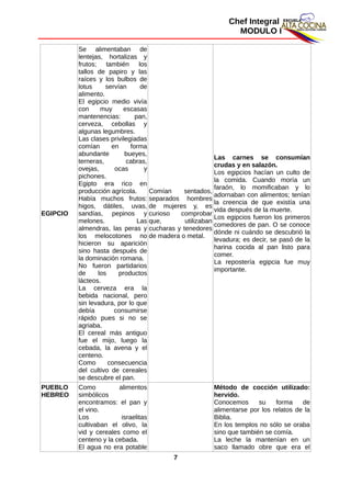 Chef Integral
MODULO I
EGIPCIO
Se alimentaban de
lentejas, hortalizas y
frutos; también los
tallos de papiro y las
raíces y los bulbos de
lotus servían de
alimento.
El egipcio medio vivía
con muy escasas
mantenencias: pan,
cerveza, cebollas y
algunas legumbres.
Las clases privilegiadas
comían en forma
abundante bueyes,
terneras, cabras,
ovejas, ocas y
pichones.
Egipto era rico en
producción agrícola.
Había muchos frutos:
higos, dátiles, uvas,
sandías, pepinos y
melones. Las
almendras, las peras y
los melocotones no
hicieron su aparición
sino hasta después de
la dominación romana.
No fueron partidarios
de los productos
lácteos.
La cerveza era la
bebida nacional, pero
sin levadura, por lo que
debía consumirse
rápido pues si no se
agriaba.
El cereal más antiguo
fue el mijo, luego la
cebada, la avena y el
centeno.
Como consecuencia
del cultivo de cereales
se descubre el pan.
Comían sentados,
separados hombres
de mujeres y, es
curioso comprobar
que, utilizaban
cucharas y tenedores
de madera o metal.
Las carnes se consumían
crudas y en salazón.
Los egipcios hacían un culto de
la comida. Cuando moría un
faraón, lo momificaban y lo
adornaban con alimentos; tenían
la creencia de que existía una
vida después de la muerte.
Los egipcios fueron los primeros
comedores de pan. O se conoce
dónde ni cuándo se descubrió la
levadura; es decir, se pasó de la
harina cocida al pan listo para
comer.
La repostería egipcia fue muy
importante.
PUEBLO
HEBREO
Como alimentos
simbólicos
encontramos: el pan y
el vino.
Los israelitas
cultivaban el olivo, la
vid y cereales como el
centeno y la cebada.
El agua no era potable
Método de cocción utilizado:
hervido.
Conocemos su forma de
alimentarse por los relatos de la
Biblia.
En los templos no sólo se oraba
sino que también se comía.
La leche la mantenían en un
saco llamado obre que era el
7
 