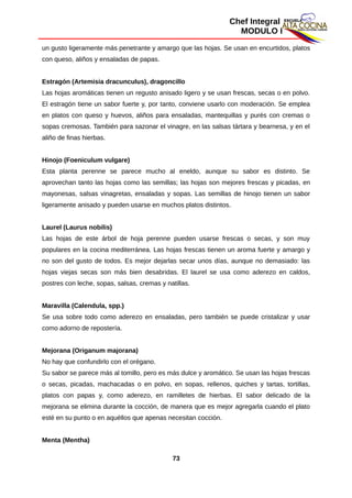 Chef Integral
MODULO I
un gusto ligeramente más penetrante y amargo que las hojas. Se usan en encurtidos, platos
con queso, aliños y ensaladas de papas.
Estragón (Artemisia dracunculus), dragoncillo
Las hojas aromáticas tienen un regusto anisado ligero y se usan frescas, secas o en polvo.
El estragón tiene un sabor fuerte y, por tanto, conviene usarlo con moderación. Se emplea
en platos con queso y huevos, aliños para ensaladas, mantequillas y purés con cremas o
sopas cremosas. También para sazonar el vinagre, en las salsas tártara y bearnesa, y en el
aliño de finas hierbas.
Hinojo (Foeniculum vulgare)
Esta planta perenne se parece mucho al eneldo, aunque su sabor es distinto. Se
aprovechan tanto las hojas como las semillas; las hojas son mejores frescas y picadas, en
mayonesas, salsas vinagretas, ensaladas y sopas. Las semillas de hinojo tienen un sabor
ligeramente anisado y pueden usarse en muchos platos distintos.
Laurel (Laurus nobilis)
Las hojas de este árbol de hoja perenne pueden usarse frescas o secas, y son muy
populares en la cocina mediterránea. Las hojas frescas tienen un aroma fuerte y amargo y
no son del gusto de todos. Es mejor dejarlas secar unos días, aunque no demasiado: las
hojas viejas secas son más bien desabridas. El laurel se usa como aderezo en caldos,
postres con leche, sopas, salsas, cremas y natillas.
Maravilla (Calendula, spp.)
Se usa sobre todo como aderezo en ensaladas, pero también se puede cristalizar y usar
como adorno de repostería.
Mejorana (Origanum majorana)
No hay que confundirlo con el orégano.
Su sabor se parece más al tomillo, pero es más dulce y aromático. Se usan las hojas frescas
o secas, picadas, machacadas o en polvo, en sopas, rellenos, quiches y tartas, tortillas,
platos con papas y, como aderezo, en ramilletes de hierbas. El sabor delicado de la
mejorana se elimina durante la cocción, de manera que es mejor agregarla cuando el plato
esté en su punto o en aquéllos que apenas necesitan cocción.
Menta (Mentha)
73
 