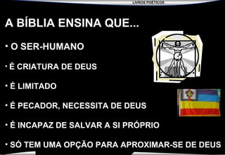 LIVROS POÉTICOS
SEMINÁRIO NOVA IGREJA BATISTA DA CHAPADA
A BÍBLIA ENSINA QUE...
• O SER-HUMANO
• É CRIATURA DE DEUS
• É LIMITADO
• É PECADOR, NECESSITA DE DEUS
• É INCAPAZ DE SALVAR A SI PRÓPRIO
• SÓ TEM UMA OPÇÃO PARA APROXIMAR-SE DE DEUS
 