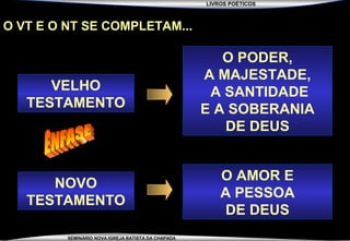 LIVROS POÉTICOS
SEMINÁRIO NOVA IGREJA BATISTA DA CHAPADA
O VT E O NT SE COMPLETAM...
O AMOR E
A PESSOA
DE DEUS
NOVO
TESTAMENTO
O PODER,
A MAJESTADE,
A SANTIDADE
E A SOBERANIA
DE DEUS
VELHO
TESTAMENTO
 