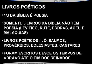 LIVROS POÉTICOS
SEMINÁRIO NOVA IGREJA BATISTA DA CHAPADA
LIVROS POÉTICOS
•1/3 DA BÍBLIA É POESIA
•SOMENTE 5 LIVROS DA BÍBLIA NÃO TEM
POESIA (LEVÍTICO, RUTE, ESDRAS, AGEU E
MALAQUIAS)
•LIVROS POÉTICOS : JÓ, SALMOS,
PROVÉRBIOS, ECLESIASTES, CANTARES
•FORAM ESCRITOS DESDE OS TEMPOS DE
ABRAÃO ATÉ O FIM DOS REINADOS
 
