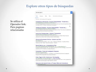 Explore otros tipos de búsquedas
Se utiliza el
Operador link:
Para paginas
relacionadas