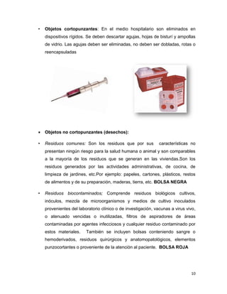 10
• Objetos cortopunzantes: En el medio hospitalario son eliminados en
dispositivos rígidos. Se deben descartar agujas, hojas de bisturí y ampollas
de vidrio. Las agujas deben ser eliminadas, no deben ser dobladas, rotas o
reencapsuladas
 Objetos no cortopunzantes (desechos):
• Residuos comunes: Son los residuos que por sus características no
presentan ningún riesgo para la salud humana o animal y son comparables
a la mayoría de los residuos que se generan en las viviendas.Son los
residuos generados por las actividades administrativas, de cocina, de
limpieza de jardines, etc.Por ejemplo: papeles, cartones, plásticos, restos
de alimentos y de su preparación, maderas, tierra, etc. BOLSA NEGRA
• Residuos biocontaminados; Comprende residuos biológicos cultivos,
inóculos, mezcla de microorganismos y medios de cultivo inoculados
provenientes del laboratorio clínico o de investigación, vacunas a virus vivo,
o atenuado vencidas o inutilizadas, filtros de aspiradores de áreas
contaminadas por agentes infecciosos y cualquier residuo contaminado por
estos materiales. También se incluyen bolsas conteniendo sangre o
hemoderivados, residuos quirúrgicos y anatomopatológicos, elementos
punzocortantes o proveniente de la atención al paciente. BOLSA ROJA
 