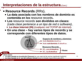 13
Ing. Ariel Alvarez Enríquez
Interpretaciones de la estructura (Cont.)
 Resource Records (RRs).
 La data asociada con los nombres de dominio es
contenida en los resource records.
 Los resource records son divididos en clases:
(cada clase pertenece a un tipo de red o software).
 La clase Internet (IN) (cualquier red TCP/IP de internet).
 En una clase – hay varios tipos de records y se
corresponde con diferentes tipos de datos.
Nota:
Otras clases:
 La clase basada en el protocolo Chaosnet (es una vieja red de enorme significado histórico).
 La clase basada en el uso del software Heisod (esta es limitada mayormente para MIT).
cfr
Nodo sub-Dominio cfr.desoft.cu
ftp www
RR – www.cfr.desoft.cu
RR – ftp.cfr.desoft.cu
Nodo Dominio desoft.cu
desoft
Resource Records
Espacio de nombres y dominios
Rutas
 