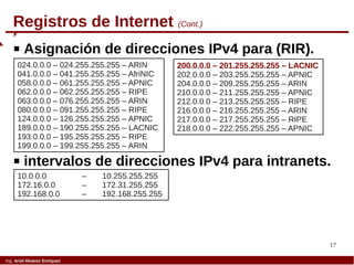 17
Ing. Ariel Alvarez Enríquez
Registros de Internet (Cont.)
 intervalos de direcciones IPv4 para intranets.
10.0.0.0 – 10.255.255.255
172.16.0.0 – 172.31.255.255
192.168.0.0 – 192.168.255.255
 Asignación de direcciones IPv4 para (RIR).
024.0.0.0 – 024.255.255.255 – ARIN
041.0.0.0 – 041.255.255.255 – AfriNIC
058.0.0.0 – 061.255.255.255 – APNIC
062.0.0.0 – 062.255.255.255 – RIPE
063.0.0.0 – 076.255.255.255 – ARIN
080.0.0.0 – 091.255.255.255 – RIPE
124.0.0.0 – 126.255.255.255 – APNIC
189.0.0.0 – 190.255.255.255 – LACNIC
193.0.0.0 – 195.255.255.255 – RIPE
199.0.0.0 – 199.255.255.255 – ARIN
200.0.0.0 – 201.255.255.255 – LACNIC
202.0.0.0 – 203.255.255.255 – APNIC
204.0.0.0 – 209.255.255.255 – ARIN
210.0.0.0 – 211.255.255.255 – APNIC
212.0.0.0 – 213.255.255.255 – RIPE
216.0.0.0 – 216.255.255.255 – ARIN
217.0.0.0 – 217.255.255.255 – RIPE
218.0.0.0 – 222.255.255.255 – APNIC
 