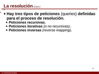23
Ing. Ariel Alvarez Enríquez
La resolución(Cont.)
 Hay tres tipos de peticiones (queries) definidas
para el proceso de resolución.
 Peticiones recursivas.
 Peticiones iterativas (o no recursivas).
 Peticiones inversas (reverse mapping).
 