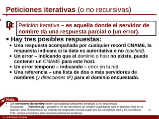 25
Ing. Ariel Alvarez Enríquez
Peticiones iterativas (o no recursivas)
Petición iterativa – es aquella donde el servidor de
nombre da una respuesta parcial o (un error).
DF
 Hay tres posibles respuestas:
 Una respuesta acompañada por cualquier record CNAME, la
respuesta indicara si la data es autoritativa o no (cached).
 Un error – indicando que el dominio o host no existe, puede
contener un CNAME para este host.
 Un error temporal – indicando – error en la red.
 Una referencia – una lista de dos o más servidores de
nombres (y direcciones IP) para el dominio encuestado.
Nota:
 Los servidores de nombre tienen que soportar peticiones iterativas (o no recursivas).
 Respuesta → (Referencia) – pueden o no ser servidores de nombre autoritativo para el dominio final en la
petición. Una referencia es un método de respuesta normal usado por los servidores root y los servidores
TLD, ambos servidores solo soportan peticiones iterativas.
 